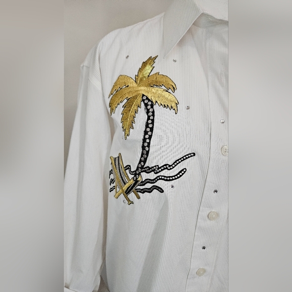 Vintage LAS OLAS Embroidered Button Down Shirt with Tropical Print White/gold. S - Picture 8 of 14